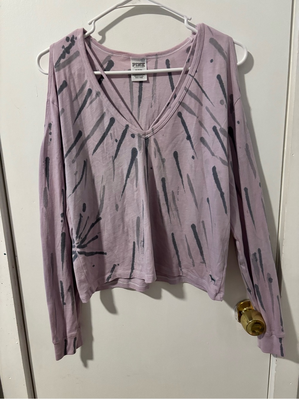 PINK Victoria's Secret Lilac V-Neck Long Sleeve Top with Charcoal Tie-Dye